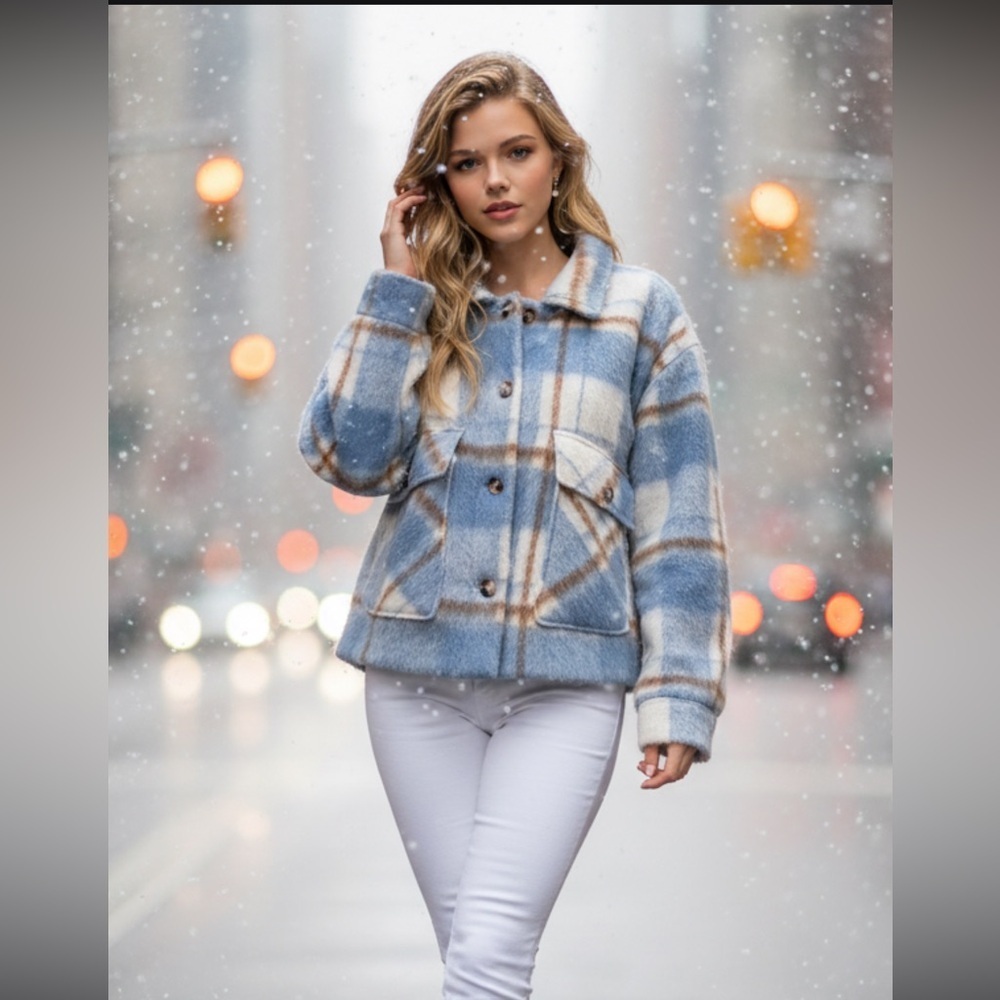 Plaid Blue and White Women's Jacket